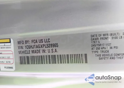 2023 Jeep Gladiator Sport S 4X4 z USA, uszkodzony, nr VIN 1C6HJTAGXPL528965